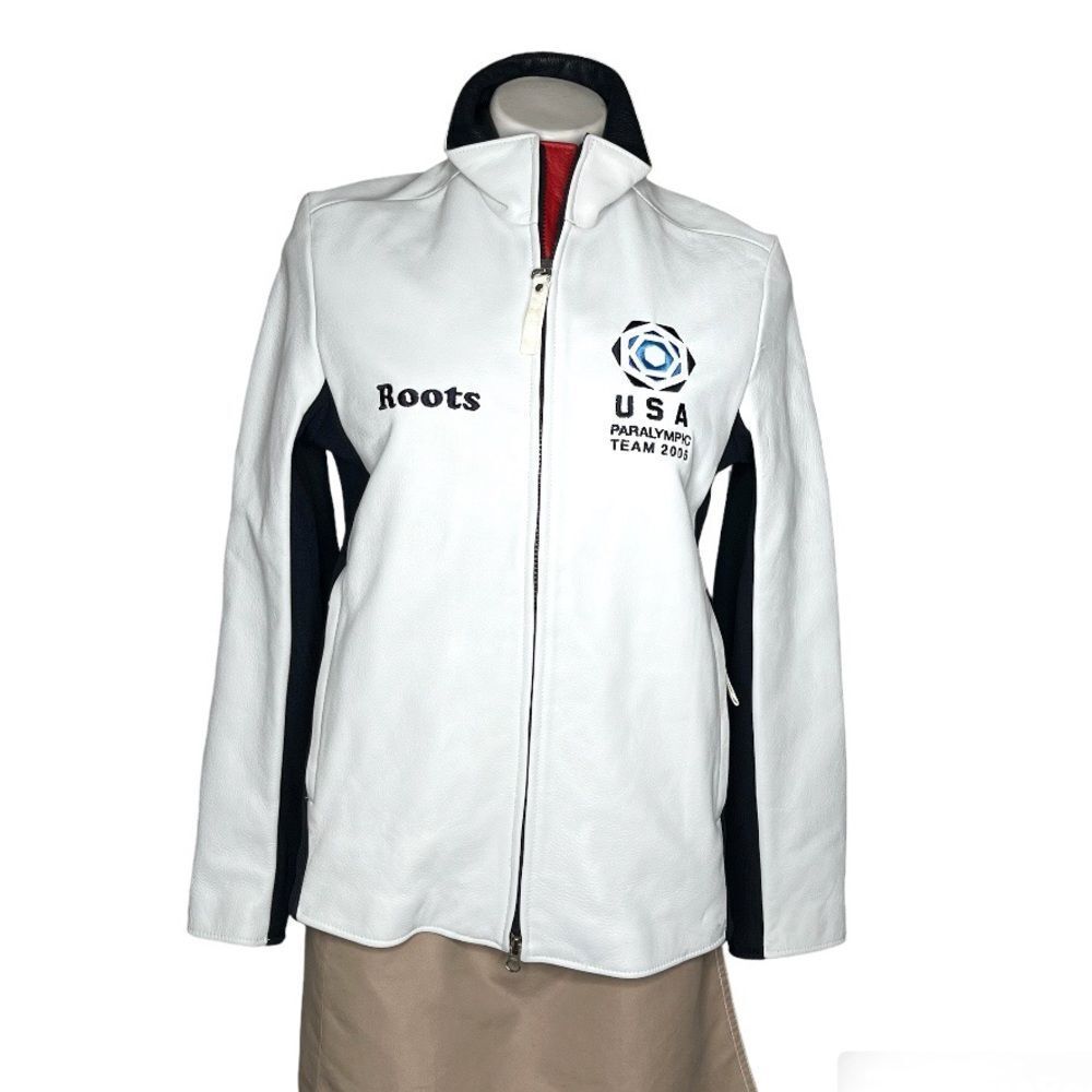 ROOTS CANADA White leather Jacket USA Team 2006 Paralympics Size Small RARE